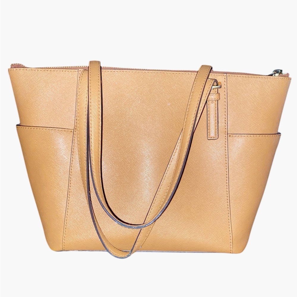 Michael Kors Charlotte Tan/Brown Jet Set Saffiano Leather Top Zip Tote Handbag - Picture 4 of 10